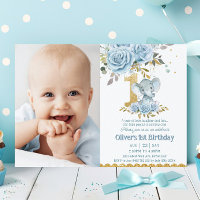 Baby Blue Floral Niedlich Elephant 1. Geburtstag F