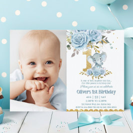 Baby Blue Floral Niedlich Elephant 1. Geburtstag F Einladung