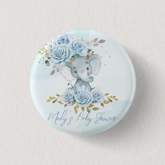 Baby Blue Floral Niedlich Elephant Boy Baby Dusche Button (Vorderseite)