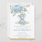 Baby Blue Floral Niedlich Elephant Boy Baby Dusche Einladung (Vorderseite)