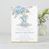 Baby Blue Floral Niedlich Elephant Boy Baby Dusche Einladung (Stehend Vorderseite)