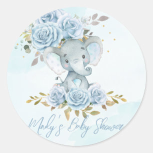 Baby Blue Floral Niedlich Elephant Boy Baby Dusche Runder Aufkleber