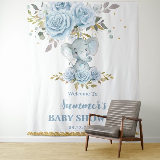 Baby Blue Floral Niedlich Elephant Boy Baby Dusche Wandteppich (Beispiel)