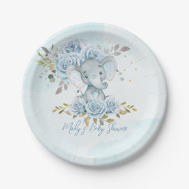 Baby Blue Floral Niedlich Elephant Boy Baby Shower Pappteller