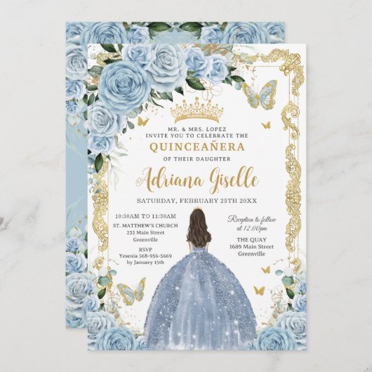 Baby Blue Floral Princess Dress Gold Quinceanera Einladung (Vorne/Hinten)