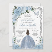 Baby Blue Floral Princess Dress Silver Quinceanera Einladung (Vorderseite)