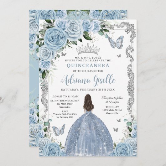 Baby Blue Floral Princess Dress Silver Quinceanera Einladung (Vorne/Hinten)