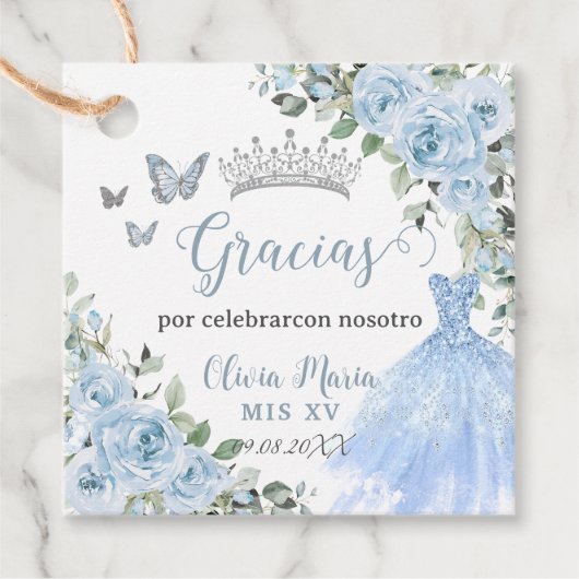 Baby Blue Floral Princess Dress Silver Quinceañera Geschenkanhänger (Vorderseite)