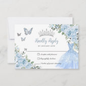 Baby Blue Floral Princess Dress Silver Quinceañera RSVP Karte (Vorderseite)