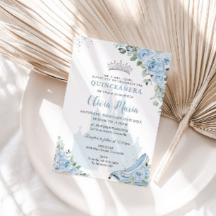 Baby Blue Floral Princess Glass Shoe Quinceañera Einladung