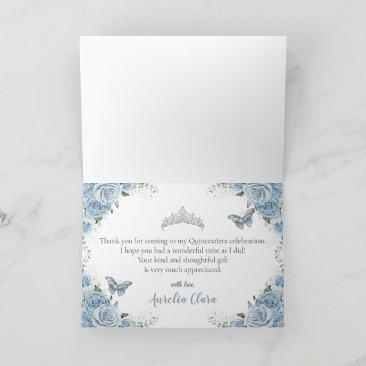 Baby Blue Floral Quinceañera Birthday Princess Dankeskarte (Innenseite)