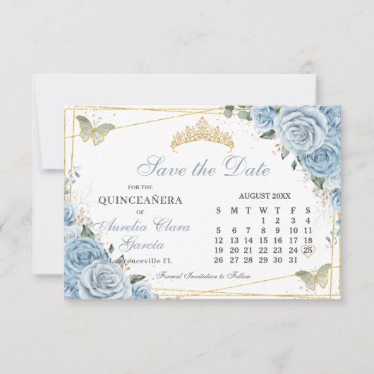 Baby Blue Floral Quinceanera Sweet 16 Calendar Save The Date (Vorderseite)