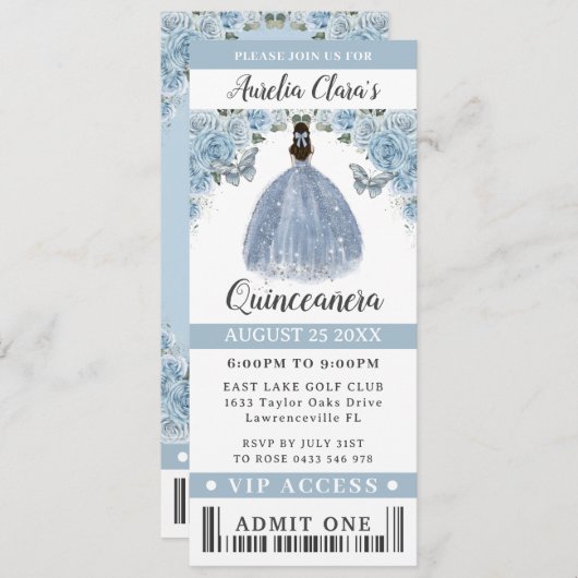 Baby Blue Floral Quinceañera Sweet 16 VIP Ticket Einladung (Vorne/Hinten)
