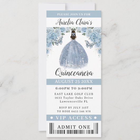 Baby Blue Floral Quinceañera Sweet 16 VIP Ticket Einladung (Vorderseite)