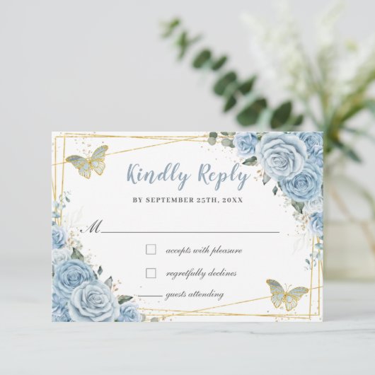 Baby Blue Floral Rose Gold Quinceñera Butterfly RSVP Karte (Stehend Vorderseite)