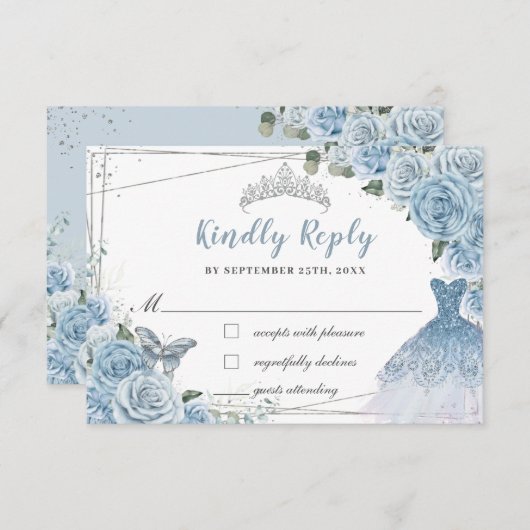 Baby Blue Floral Rose Quinceañera Butterfly Kleid RSVP Karte (Vorne/Hinten)