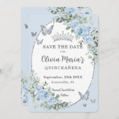 Baby Blue Floral Silver Butterfells Quinceañera Save The Date (Vorne/Hinten)