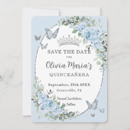 Baby Blue Floral Silver Butterfells Quinceañera Save The Date