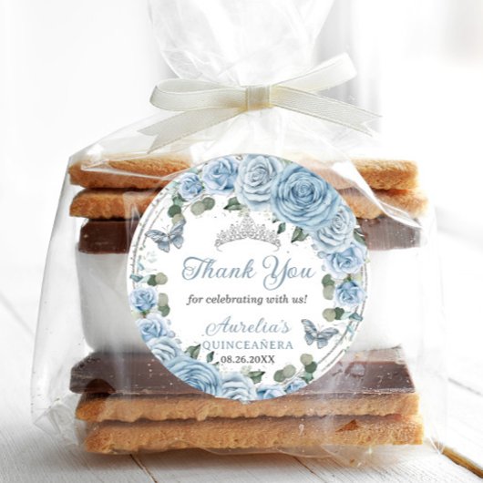 Baby Blue Floral Silver Butterfets Princess Gefall Runder Aufkleber