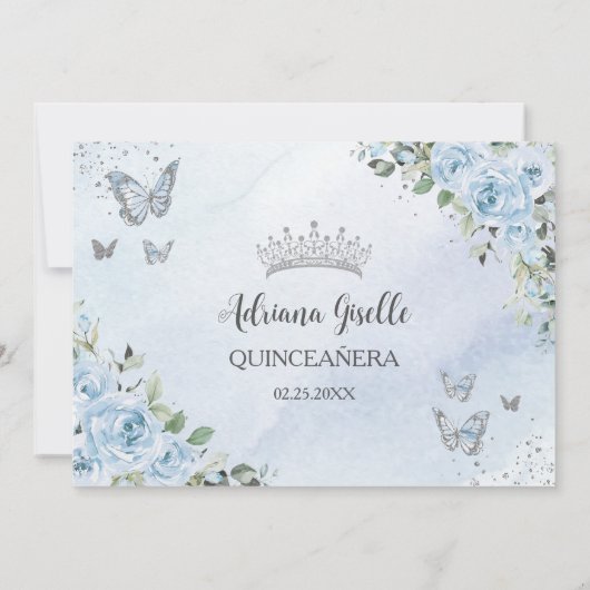 Baby Blue Floral Silver Quinceañera 16. Bild Einladung (Rückseite)