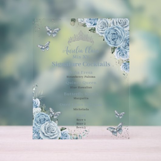 Baby Blue Floral Silver Quinceanera Bar Drink Menü Acrylschild (Neutral)