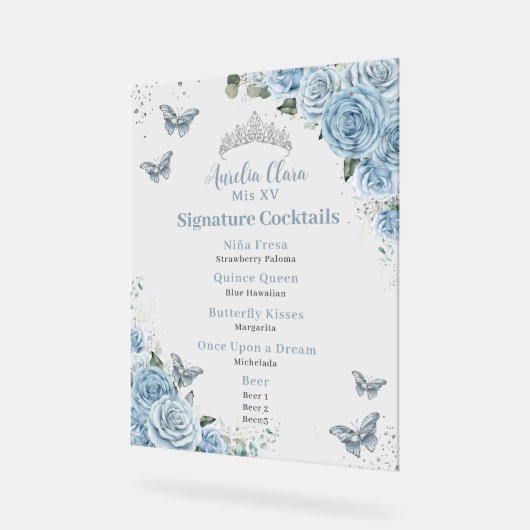 Baby Blue Floral Silver Quinceanera Bar Drink Menü Acrylschild (Winkel)