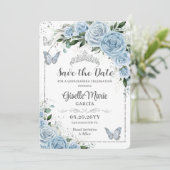 Baby Blue Floral Silver Quinceañera Butterfliegen Save The Date (Stehend Vorderseite)