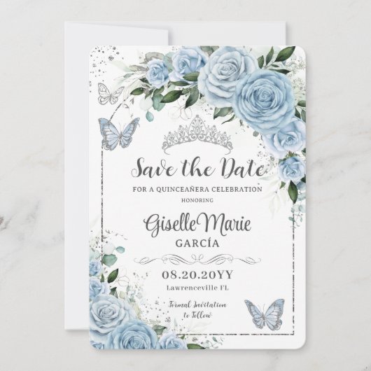 Baby Blue Floral Silver Quinceañera Butterfliegen Save The Date (Vorderseite)