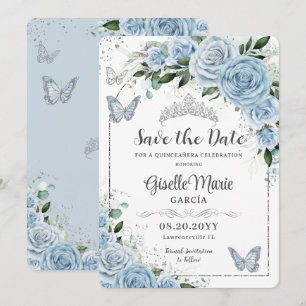Baby Blue Floral Silver Quinceañera Butterfliegen Save The Date