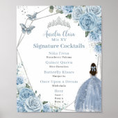 Baby Blue Floral Silver Quinceñera Drink Menü Poster (Vorne)