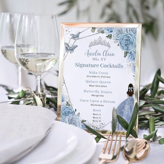 Baby Blue Floral Silver Quinceñera Drink Menü Poster