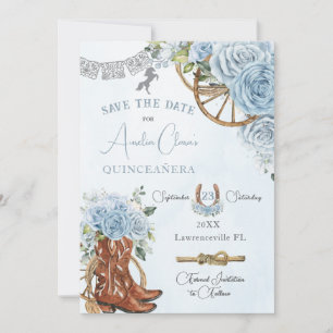 Baby Blue Floral Wild West Charro Quinceanera XV Save The Date