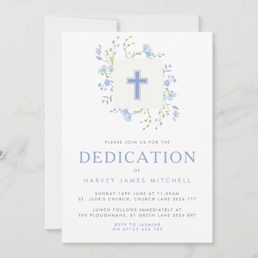 Baby Blue Floral Wreath & Cross Baby Dedication Einladung (Vorderseite)