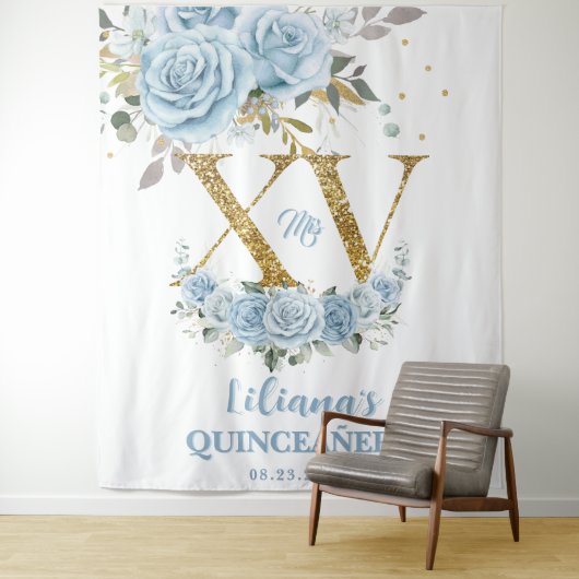 Baby Blue Floral XV QUINCEAÑERA Quince 15 Hintergr Wandteppich (Beispiel)