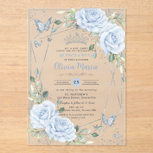 Baby Blue Florale Butterflies Silber Quinceanera Acryleinladungen