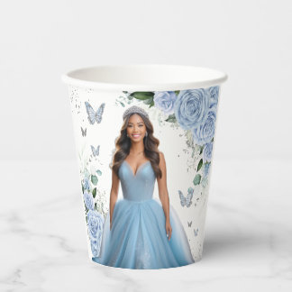 Baby Blue Florale Quinceañera Sweet 16 Foto Pappbecher
