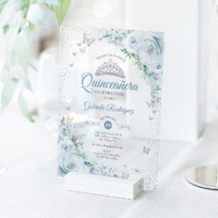 Baby Blue Florale Wasserfarben-Rosen Quinceanera Acryleinladungen
