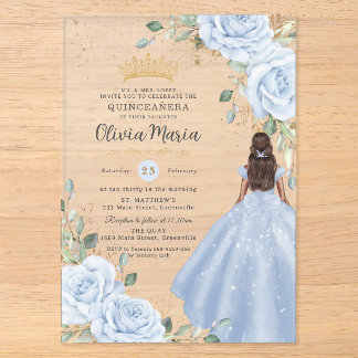 Baby Blue Florales Prinzessinnenkleid Quinceañera Acryleinladungen