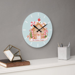 Baby Blue Gingerbrot House Holiday Name Große Wanduhr