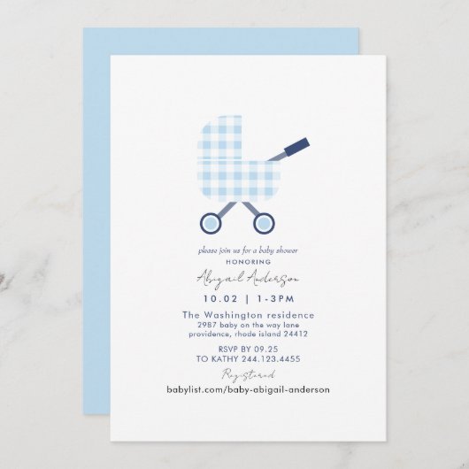 Baby Blue Gingham Baby Shower Einladung (Vorne/Hinten)