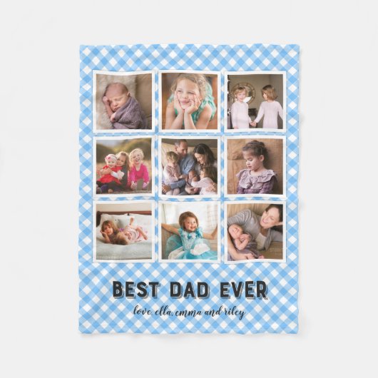 Baby Blue Gingham Bester Vater je Foto Collage Fleecedecke (Vorderseite)