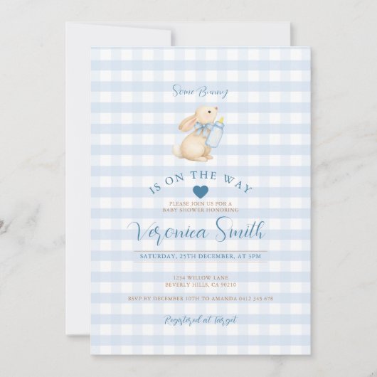 Baby Blue Gingham Bunny Baby Shower Invitation Einladung (Vorderseite)