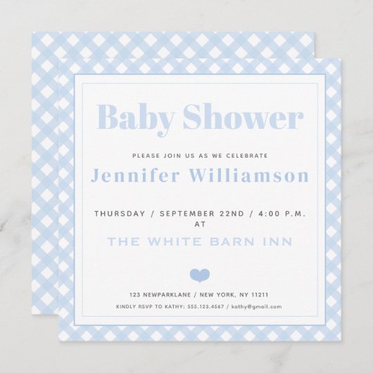 Baby Blue Gingham Pattern Baby Dusche Einladung (Vorne/Hinten)
