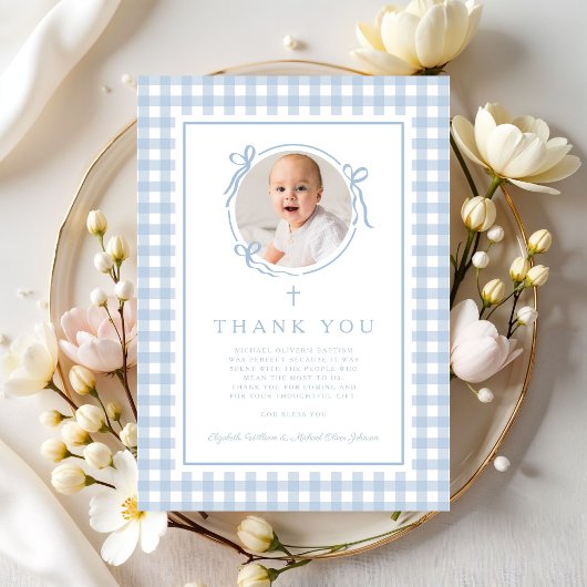 Baby Blue Gingham Photo Boy Baptism Dankeskarte