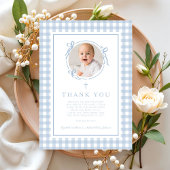 Baby Blue Gingham Photo Boy Baptism Dankeskarte