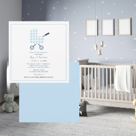 Baby Blue Gingham Pram Baby Showplatz Einladung