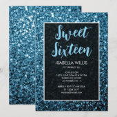 Baby blue Glitzern Sweet 16 elegante Schrift Einladung (Vorne/Hinten)