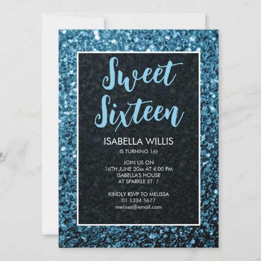 Baby blue Glitzern Sweet 16 elegante Schrift Einladung (Vorderseite)
