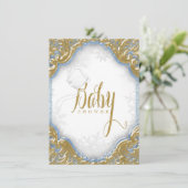 Baby Blue Gold Boy Snowflake Baby Dusche Einladung (Stehend Vorderseite)