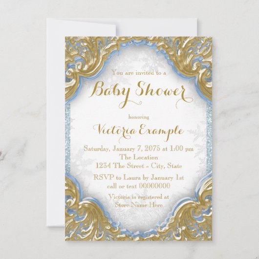 Baby Blue Gold Boy Snowflake Baby Dusche Einladung (Rückseite)